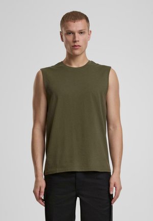 Olivenfarvet ærmeløs t-shirt lavet af bomuld, med rund halsudskæring og en afslappet pasform, med en glat tekstur og uden synlige mønstre.