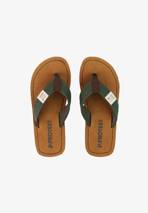 Brown footbed flip-flops with green straps, dark stitching, and "PROTEST" logo printed on the footbed.
