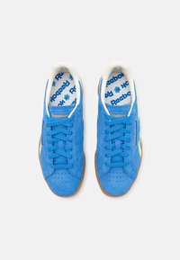 Blå mockaskor med vit kant, rund tå och blå snören. Har ett grönt sidstripes och en mönstrad blå innersula med Reebok-logotypen.