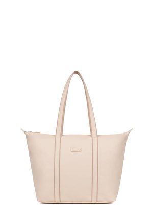 Beige shoppertas met lange, platte handvatten, een gladde textuur, ritsluiting en twee verticale naden aan elke kant. Beschikt over een subtiele logodetail.