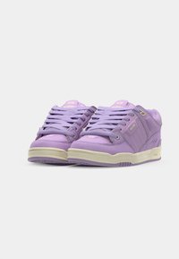 Purple sneakers with a textured leather and mesh upper, featuring flat laces, padded collar, and a contrasting off-white rubber sole.