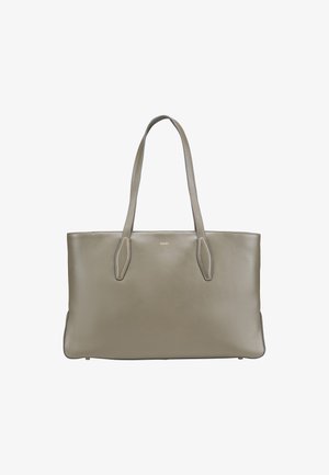 Sac tote en cuir gris avec deux longues poignées, forme rectangulaire, texture lisse et design minimaliste. Logo doré sur le devant.