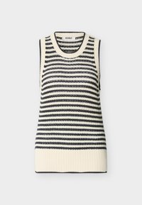 Αμάνικο πλεκτό γιλέκο με μαύρες και λευκές οριζόντιες ρίγες και ριμπ τελείωμα στο κάτω μέρος και στη λαιμόκοψη.