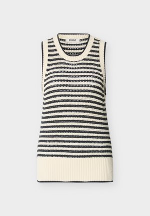 Gilet en tricot sans manches à rayures horizontales noires et blanches, avec un ourlet et un col côtelés.