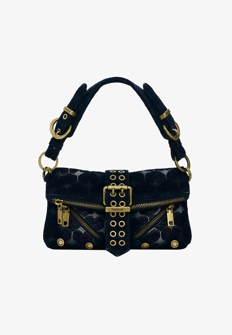 Sac à main en tissu noir avec boucles, fermetures éclair, rivets et une poignée courte de couleur dorée, doté d'une sangle centrale avec œillets et de la marque Desigual.