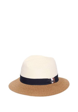 Two-tone fedora with a beige crown, brown woven brim, and a dark blue band featuring a small logo tag.