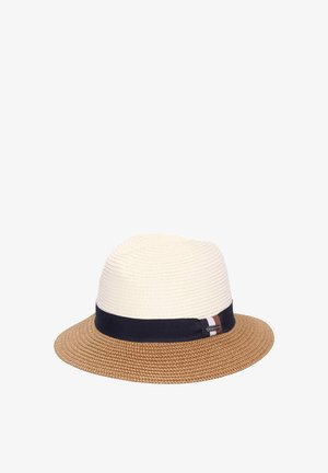 Two-tone fedora with a beige crown, brown woven brim, and a dark blue band featuring a small logo tag.