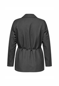 Tmavě šedý blazer s výstřihem do V, dlouhými rukávy a stahovacími šňůrkami v pase. Má texturovanou tkaninu a přiléhavý střih.
