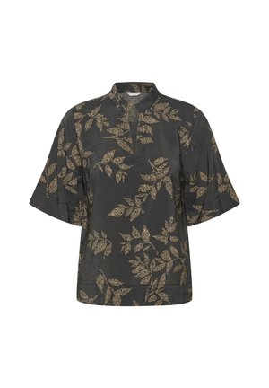 Chemise noire à manches courtes avec un motif floral doré, tissu au toucher doux, présente un col montant et une coupe décontractée.