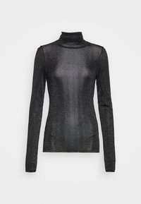 Haut à col roulé à manches longues noir pailleté avec une silhouette ajustée, présenté sur un fond blanc uni.