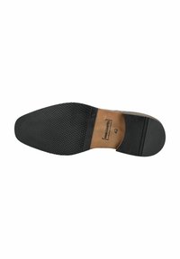 Sole in gomma nera con presa testurizzata, plantare in pelle marrone e dettaglio del tacco, contrassegnato con la taglia 42. Forma della punta arrotondata.