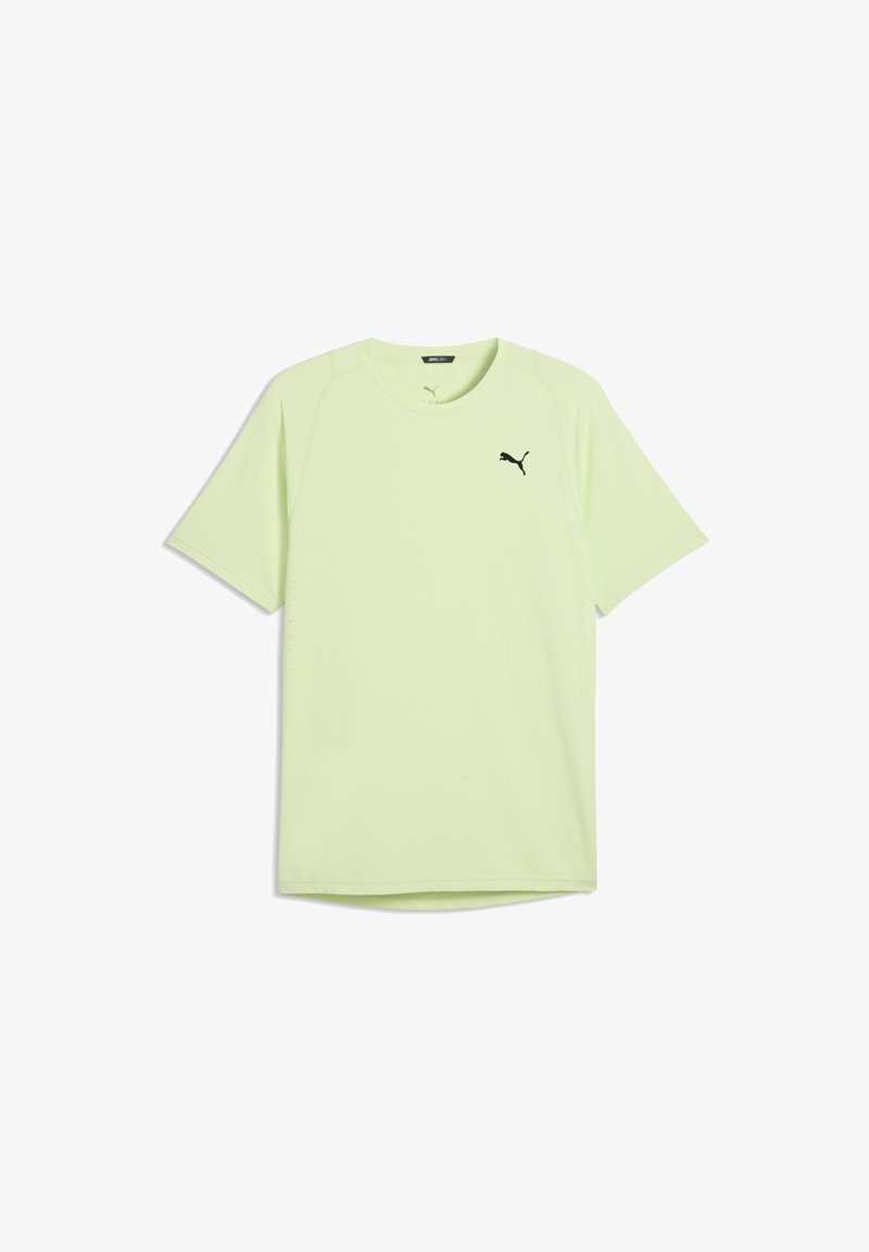 T-shirt de sport à manches courtes vert clair avec col rond et petit logo Puma noir sur le côté gauche de la poitrine.