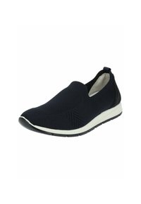 Slip-on sportieve schoen in marineblauw breiwerk, met een witte zool, een gestructureerd patroon op de bovenkant en een contrasterende zwarte hieltab.