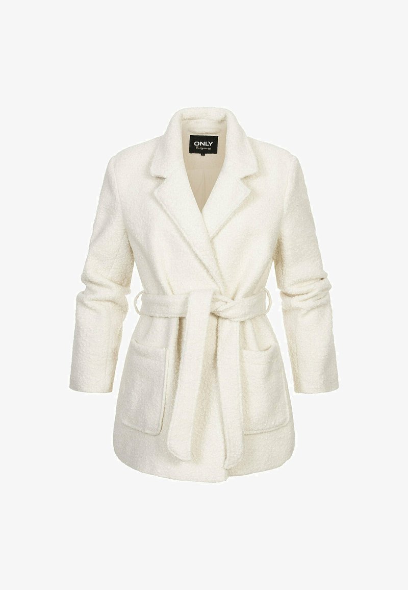 White, textured, belted outerwear with long sleeves, a notched collar, and two front pockets; made from a soft, fluffy material.