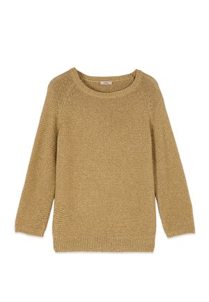 Pulover tricotat maro deschis cu mâneci raglan lungi, decolteu rotund și manșete și tiv drepte.