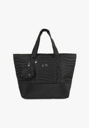 Bolsa tote negra con textura acolchada, doble asa, cierre con cremallera, bolsillo frontal y un estuche redondo desmontable sujeto por un clip.