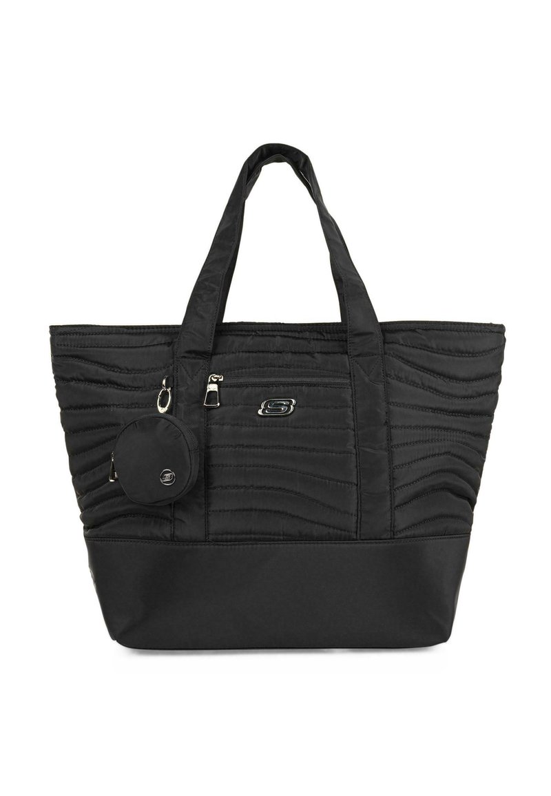Bolsa tote negra con textura acolchada, doble asa, cierre con cremallera, bolsillo frontal y un estuche redondo desmontable sujeto por un clip.