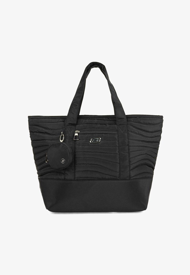 Bolsa tote negra con textura acolchada, doble asa, cierre con cremallera, bolsillo frontal y un estuche redondo desmontable sujeto por un clip.