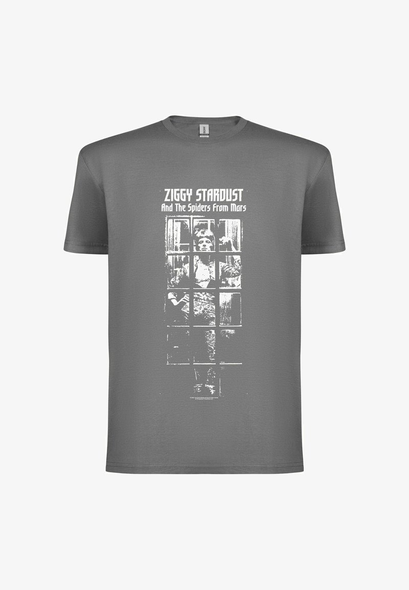 Grå bomuld T-shirt med et hvidt grafisk tryk af en figur bag et gitter samt teksten "ZIGGY STARDUST And The Spiders From Mars."