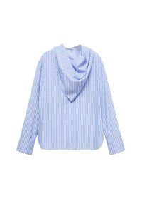 Blue and white vertical striped long-sleeve shirt with an attached draped hood, displayed flat from the back on a white background.