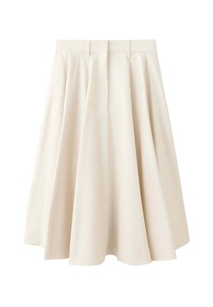 Falda beige de talle alto con línea en A, pliegues, trabillas para cinturón y acabado liso, que llega hasta media pantorrilla.