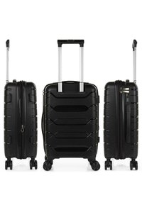 Maleta rígida negra con líneas verticales texturizadas, asa de aluminio retráctil, cuatro ruedas multidireccionales y compartimentos con cremallera.