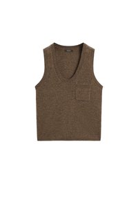 Brun stickad ärmlös topp med V-ringning och en liten ficka på vänster bröst. Mjuk textur, strukturerad design, enkel design.