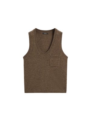 Bruine gebreide mouwloze top met een V-hals en een klein zakje op de linkerborst. Zachte textuur, gestructureerd ontwerp, eenvoudig ontwerp.