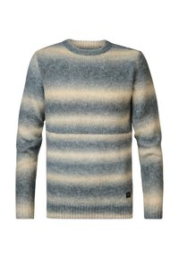 Suéter a rayas en tonos azules y crema. Fabricado en un material suave y texturizado. Presenta un escote redondo y mangas largas.