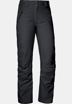 Black waterproof ski pants with a straight leg design, featuring zippered pockets and reinforced cuffs. Made from durable, lightweight fabric.