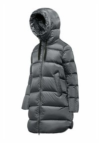 Grijze donzen jas met een capuchon, voorzien van gewatteerde secties, twee zijzakken en een volledige rits met zwarte accenten voor sluiting.