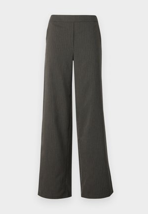 Wide-leg trousers in dark gray with vertical pinstripes, featuring a smooth texture and an elastic waistband for comfort.