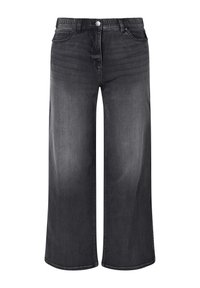 Zwarte wijde spijkerbroeken met elastische tailleband, knoop aan de voorkant en zakken, gepresenteerd op een witte achtergrond.