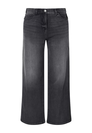 Černé široké džíny z denimu s elastickým pasem, předním zapínáním na knoflíky a kapsami, zobrazené na bílém pozadí.