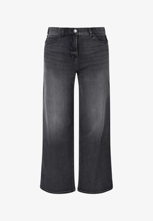 Zwarte wijde spijkerbroeken met elastische tailleband, knoop aan de voorkant en zakken, gepresenteerd op een witte achtergrond.