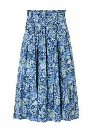 Sinine-roheline lillemustriga seelik, millel on elastne vöökoht, astmeline disain ja kergest kangast tekstuurse viimistlusega.
