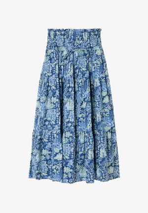 Ziedu raksta svārki zilās un zaļās toņos ar elastīgu jostasvietu, vairākos slāņos veidota dizaina un vieglu teksturētu audumu.