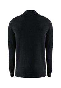 Svart stickad tröja med långa ärmar, hög krage och ribbade muddarna och nederkant; slät textur, minimalistisk design. Visad bakvy.