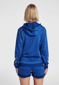 Felpa blu royal con finitura testurizzata, dotata di cappuccio e strisce grigie sulle maniche, abbinata a pantaloni corti blu coordinati.