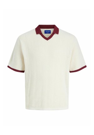 Knitted cream short-sleeve polo shirt featuring a v-neck and maroon collar and sleeve trims. Textured pattern throughout.