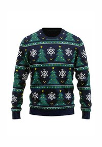 Knitted sweater featuring a navy base, decorated with green Christmas trees, white snowflakes, yellow stars, and colorful dots in a repeated pattern.