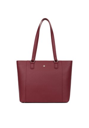 Sac fourre-tout bordeaux en simili cuir texturé, avec deux anses et un logo argenté à l'avant.