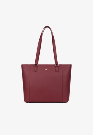 Sac fourre-tout bordeaux en simili cuir texturé, avec deux anses et un logo argenté à l'avant.