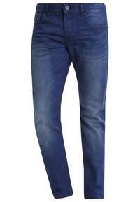 Jeans de mezclilla azul oscuro con un corte recto, cinco bolsillos, un sutil desgastado y un cierre de botón en la parte frontal.