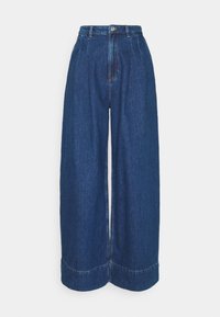 Wide-leg high-waisted blue denim jeans with front pleats, belt loops, button closure, and a wide cuffed hem.