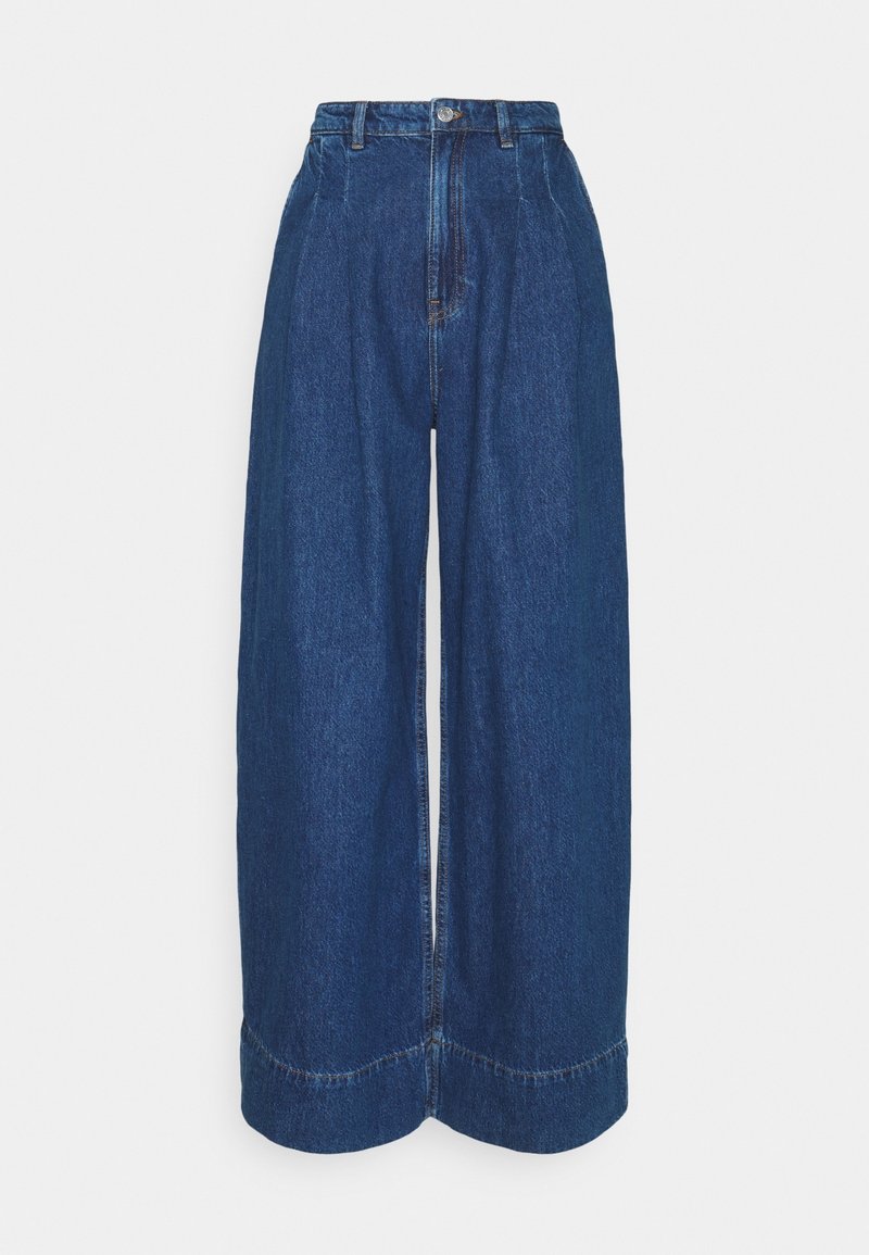 Wide-leg high-waisted blue denim jeans with front pleats, belt loops, button closure, and a wide cuffed hem.