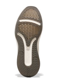 Schuhsohle mit einer hellbraunen Gummibasis, strukturiert für besseren Halt. Verfügt über ein Wabenmuster und glatte, geschwungene Akzente in Weiß.