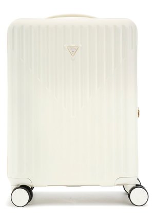 Hard-shell white suitcase with vertical ribbed texture, gold hardware, and four black wheels. Features top handle and logo detail.