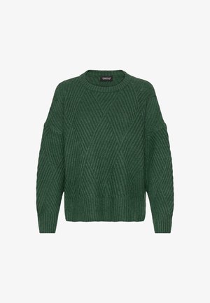 Pull en tricot vert avec une texture côtelée et un motif en losange. Il présente un col rond et des manches amples, fabriqué en tissu doux.