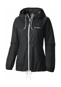 Schwarze leichte Jacke mit Kapuze, weißen Zugbändern und frontalem Reißverschluss. Verfügt über elastische Bündchen und ein Logo auf der linken Brust.